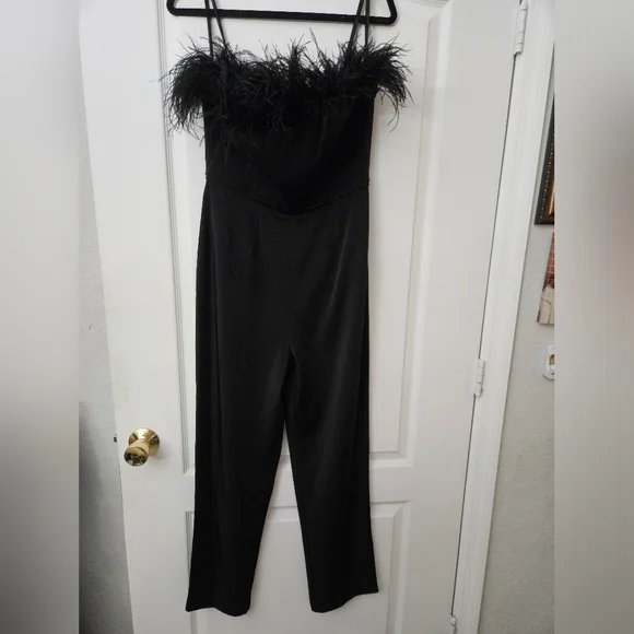 Ieena for Mac DuggalBlack Strapless Jumpsuit with Feather Trim 68146 SZ  6 NEW - Picture 3 of 11